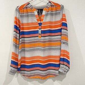 New Directions Striped Tab Sleeve Button Cuff Tunic Blouse Size Small S